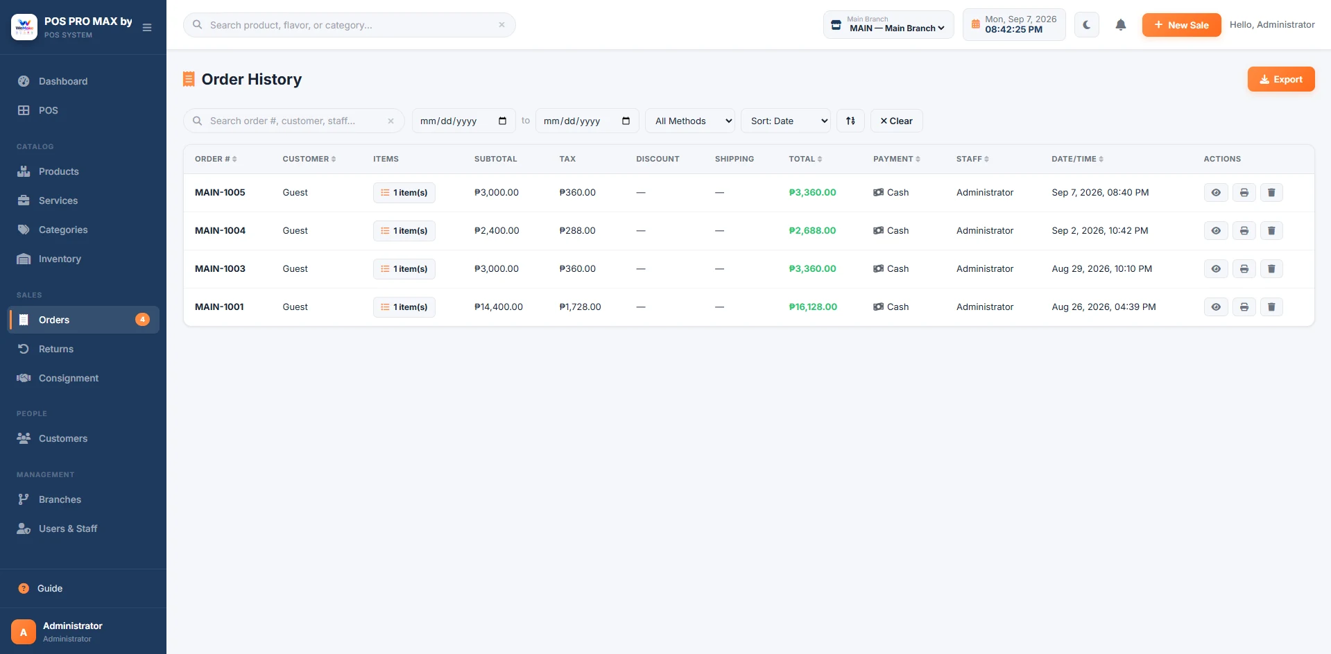 WeMake POS order history with dates, payments, staff, and totals