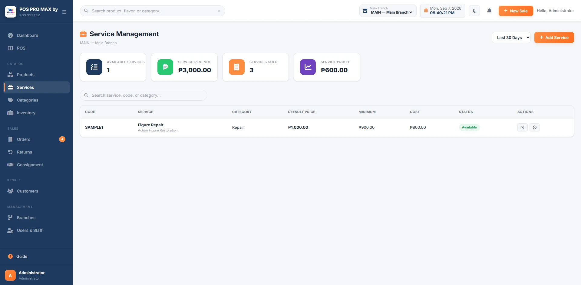 WeMake POS service management screen with service revenue and profit